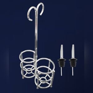 VINTAGE STAINLESS STEEL OIL AND VINEGAR CADDY WITH 2 VENTED CRUET BOTTLE POURERS